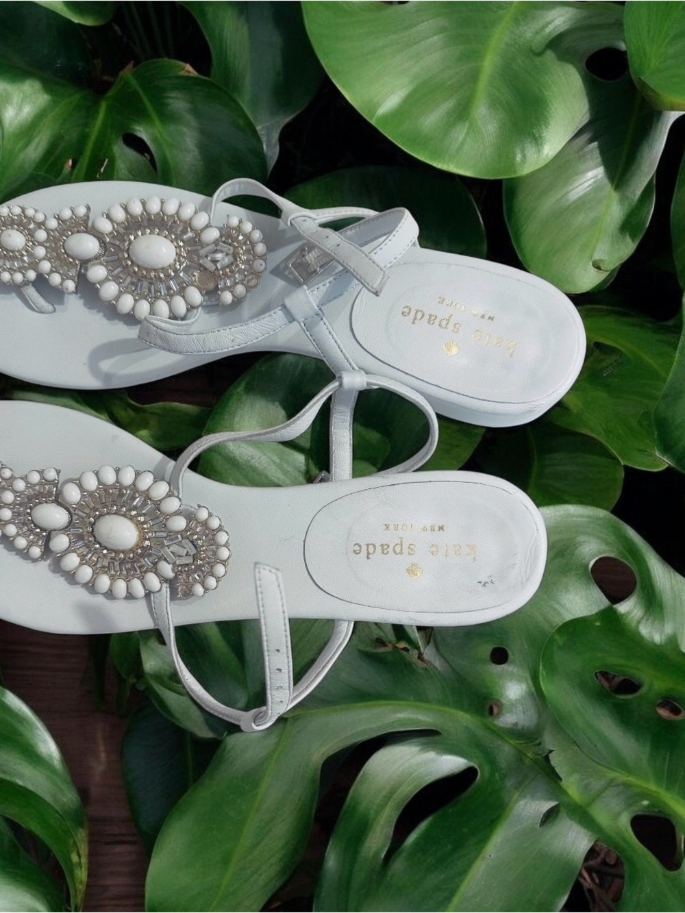 kate spade White Jeweled T-Strap Sandals - Picture 2 of 4